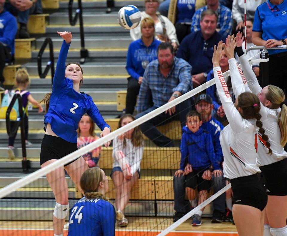 O’Gorman Bergen Reilly spikes the ball over the net in a volleyball match against Washington on Friday, October 21, 2022, in Sioux Falls.