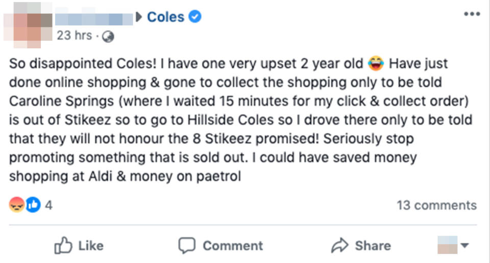 A mum claimed her two-year-old became upset when the Stikeez were missing from her Click and Collect order on Sunday. Source: Coles Facebook