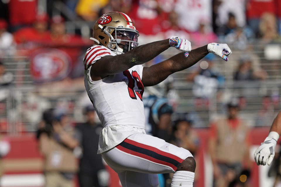 San Francisco 49ers wide receiver Deebo Samuel celebrates after scoring a touchdown during the second half of an NFL football game against the Carolina Panthers in Santa Clara, Calif., Sunday, Oct. 27, 2019. (AP Photo/Tony Avelar)