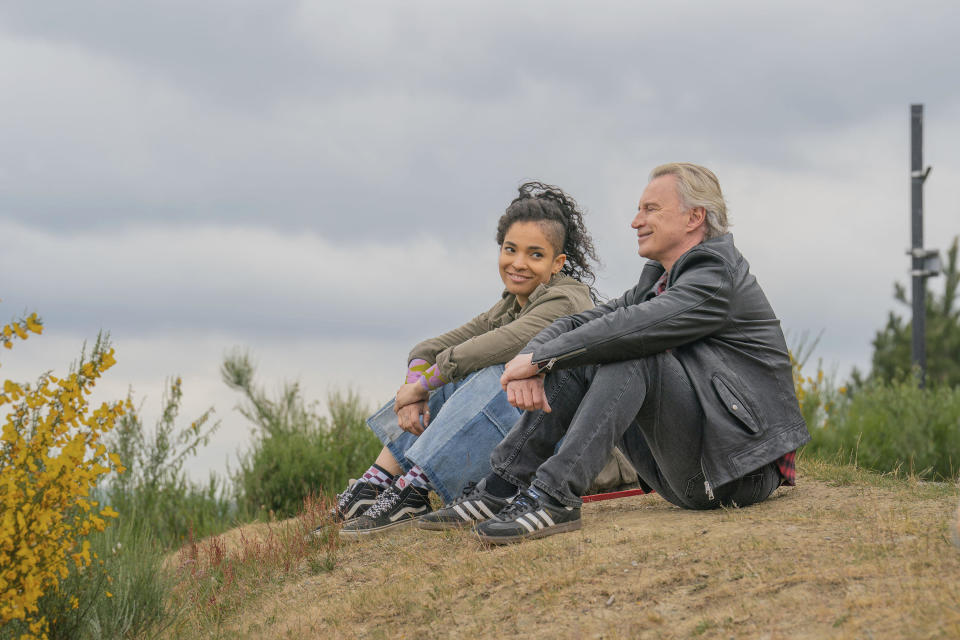 This image released by Hulu shows Talitha Wing, left, and Robert Carlyle in a scene from the series "The Full Monty." (Ben Blackall/Hulu via AP)