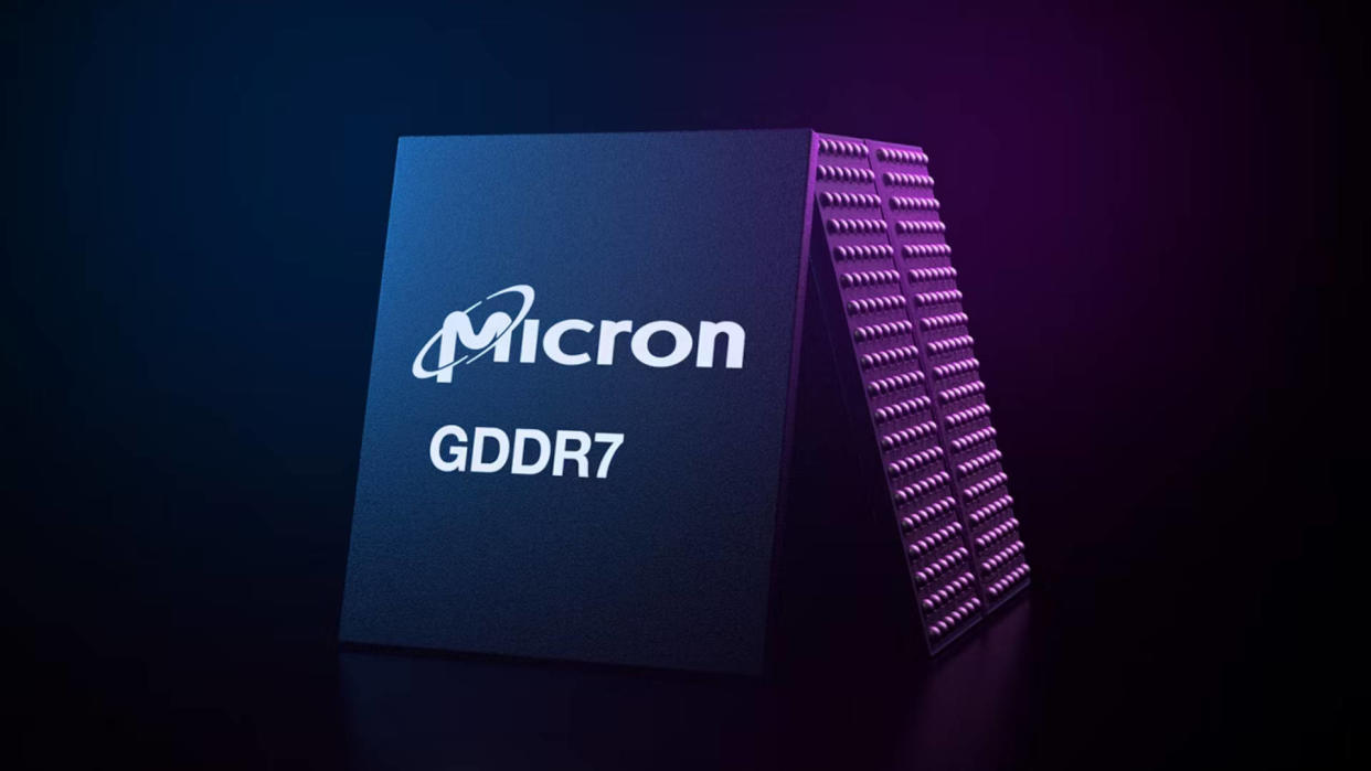  A promotional image of two Micron GDDR7 memory modules against a dark background. 