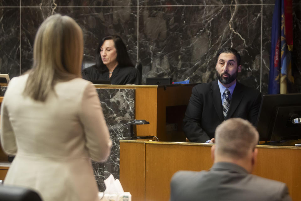 Lieutenant Sam Marzban of the Oakland County Sheriff's Office testifies during a jury trial for Jennifer Crumbley at the Oakland County Courthouse on Wednesday, Jan. 31, 2024, in Pontiac, Mich. Crumbley is charged with involuntary manslaughter. (Katy Kildee/Detroit News via AP, Pool)