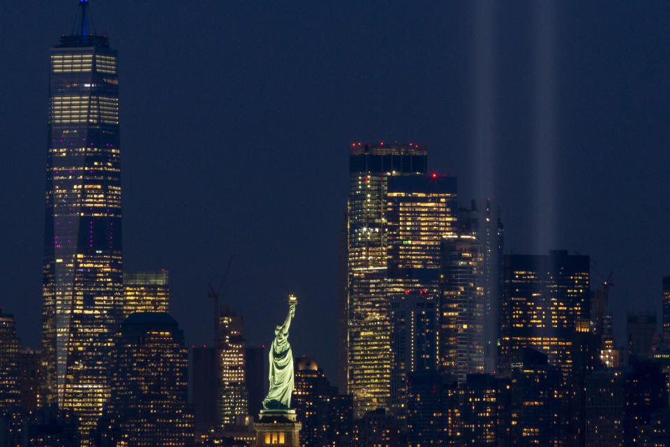 The Tribute in Light rises above the lower Manhattan skyline, Wednesday, Sept. 11, 2019 in Bayonne, N.J. (AP Photo/Eduardo Munoz Alvarez)