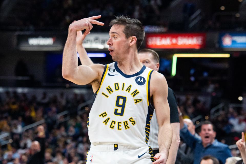 Mar 9, 2023; Indianapolis, Indiana, USA;  Indiana Pacers guard T.J. McConnell (9) celebrates a made shot in the first quarter against the Houston Rockets at Gainbridge Fieldhouse.