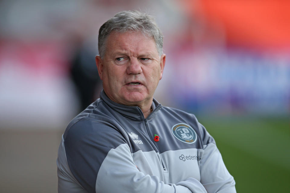 CRAWLEY, ENGLAND - OCTOBER 30: John Yems, Manager of Crawley Town looks on prior to the Sky Bet League Two match between Crawley Town and Port Vale at The People's Pension Stadium on October 30, 2021 in Crawley, England. (Photo by Steve Bardens/Getty Images)