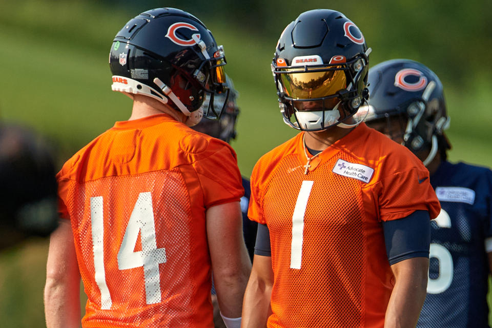 Chicago Bears quarterback Justin Fields (1) looks on during training camp on Aug. 5. (Robin Alam/Icon Sportswire via Getty Images)