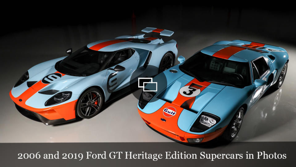 A 2019 Ford GT Heritage Edition supercar (left) and a 2006 Ford GT Heritage Edition supercar (right).