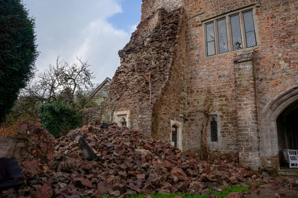 The tower at Bickleigh Castle, which collapsed during strong winds and heavy rain, dates back to the 12th Century. (SWNS)