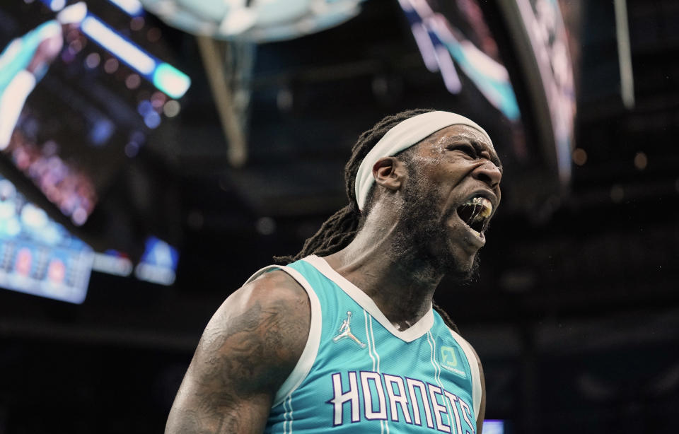 Charlotte Hornets center Montrezl Harrell (8) reacts after blocking a shot during the first half of an NBA basketball game against the Orlando Magic on Thursday, April 7, 2022, in Charlotte, N.C. (AP Photo/Rusty Jones)