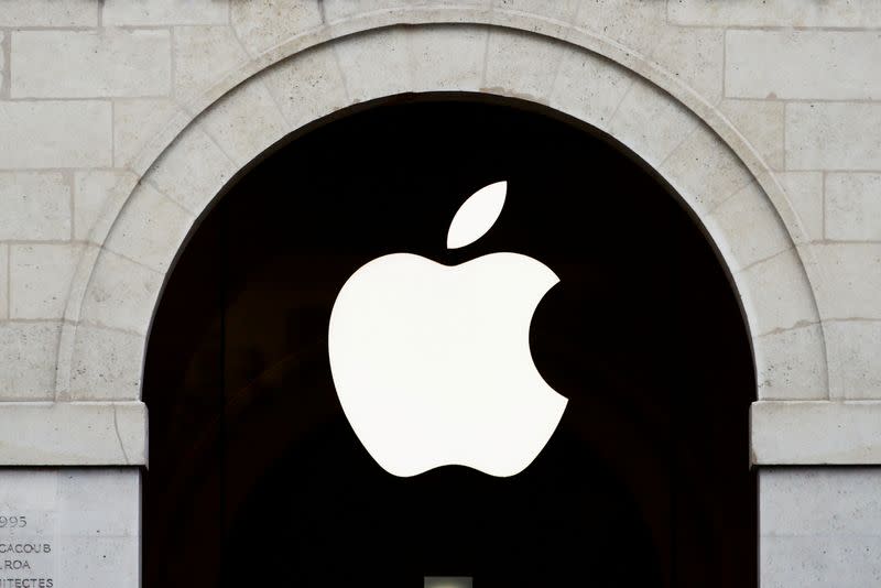 FILE PHOTO: Apple logo is seen on the Apple store at The Marche Saint Germain in Paris