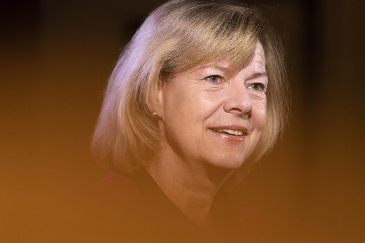 Sen. Tammy Baldwin, D-Wis., speaks about the passage of the Respect for Marriage Act, Tuesday, Dec. 6, 2022, during an interview on Capitol Hill in Washington. (AP Photo/Jacquelyn Martin)