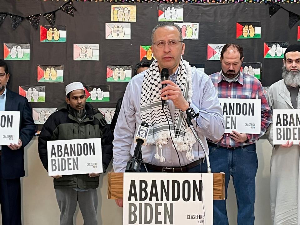 Attorney and activist Othman Atta at a news conference at the Islamic Society of Milwaukee Community Center announcing an effort to "Abandon Biden" in Wisconsin.