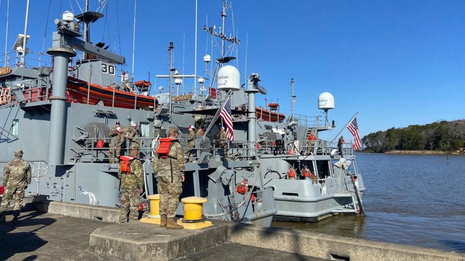 PHOTO: Hundreds of U.S. troops are now enroute to the Mediterranean Sea, including 500 Army soldiers from the 7th Transportation Brigade, who left Mar. 12, 2024, from Newport News, Virginia. (Anne K. Flaherty)