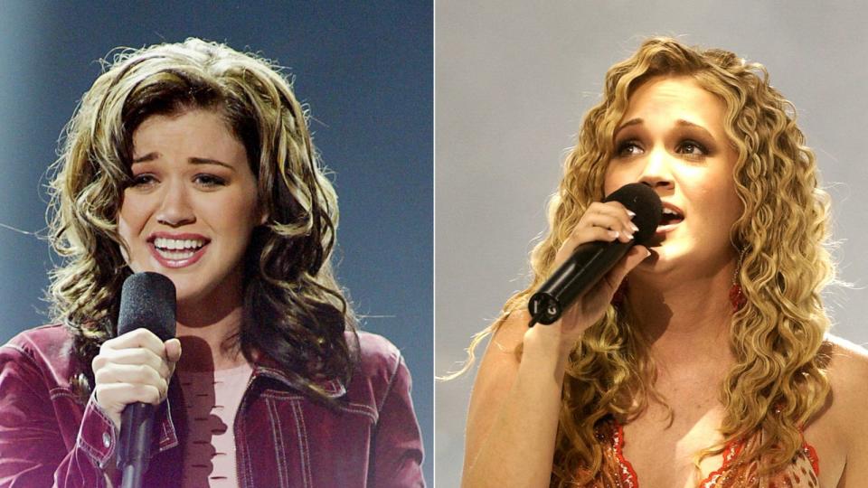 PHOTO: In this Sept. 4, 2002, file photo, 'American Idol' winner Kelly Clarkson sings on the show. | In this May 25, 2005, file photo, 'American Idol' winner Carrie Underwood sings on the show. (Kevin Winter/Getty Images, FILE | Ray Mickshaw/WireImage via Getty Images, FILE)