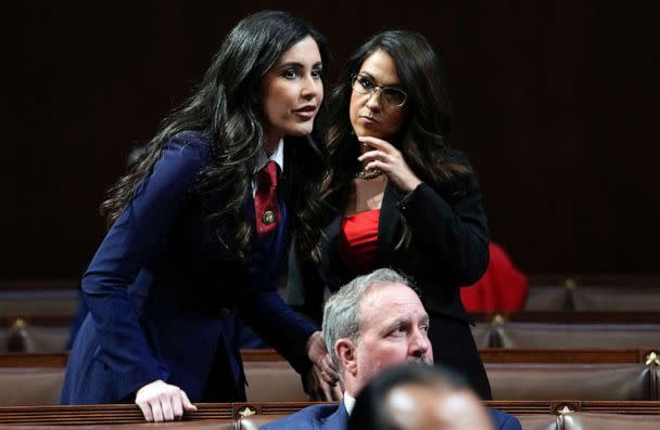 PHOTO: Rep. Anna Paulina Luna talks with Rep. Lauren Boebert before President Joe Biden delivers the State of the Union address to a joint session of Congress at the U.S. Capitol, Feb. 7, 2023, in Washington. (Jacquelyn Martin/AP)