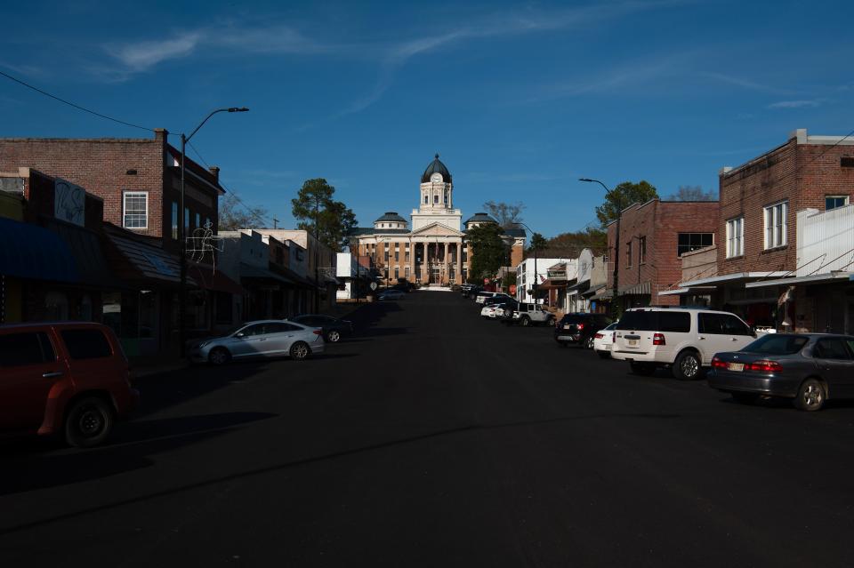 The Simpson County Courthouse looms over downtown Mendenhall, Miss. on Dec. 20, 2023.