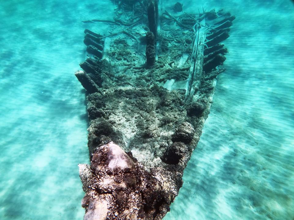 The bow of the wooden bulk carrier Australasia can be seen from the surface in 2022. The ship was lost in 1896 when it caught fire, burned to the waterline and sank off the shore of Door County, at what is now Whitefish Dunes State Park.