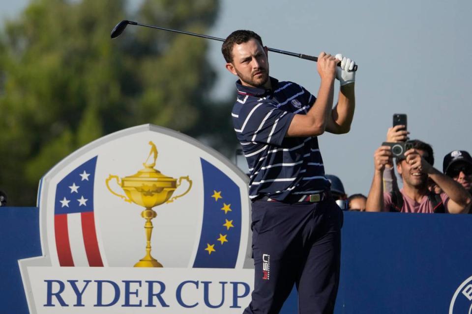 United States’ Patrick Cantlay play his shot from 2nd tee during his morning Foursome match at the Ryder Cup golf tournament at the Marco Simone Golf Club in Guidonia Montecelio, Italy, Friday, Sept. 29, 2023. (AP Photo/Andrew Medichini)