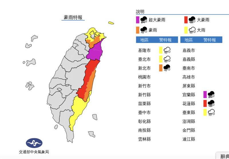 豪雨特報，慎防致災性降雨。（圖／中央氣象局）