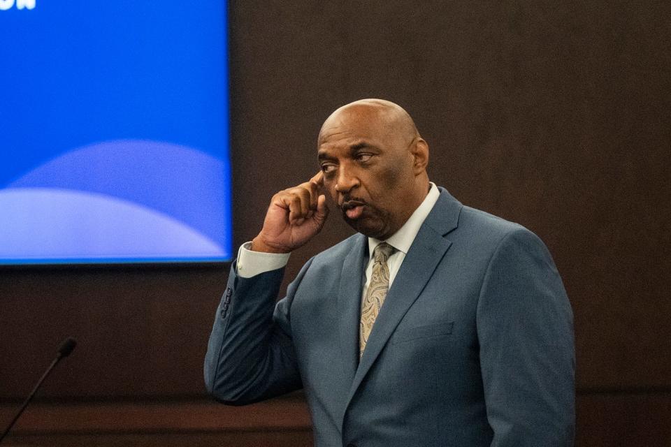 Prosecutor Rickey Jones shows jurors the locations of gunshot wounds to Anna "Mo" Wilson during opening arguments Nov. 1 in the Kaitlin Armstrong murder trial.