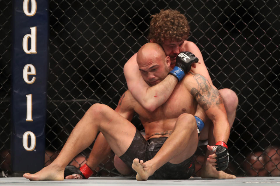 Ben Askren wrestles Robbie Lawler in their welterweight bout during the UFC 235 event at T-Mobile Arena on March 2, 2019 in Las Vegas. (Zuffa LLC)