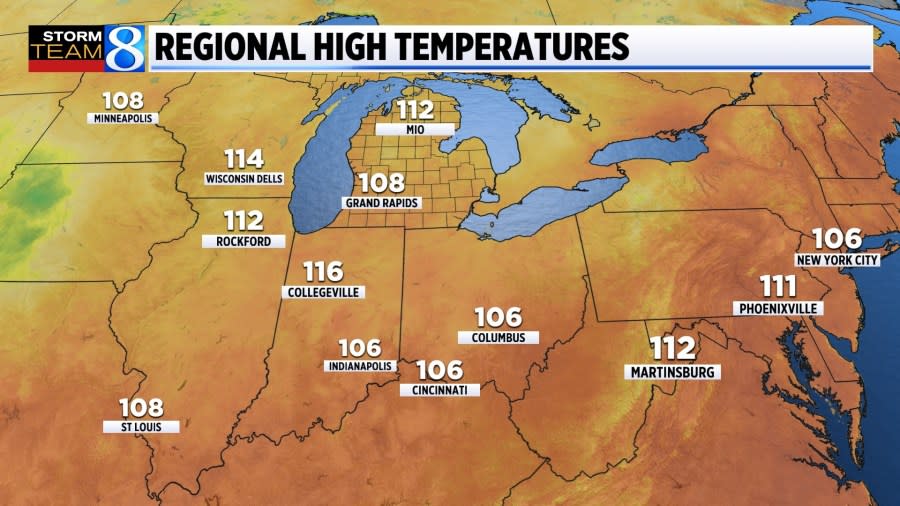 Regional maximum temperatures during the second week of July 1936.