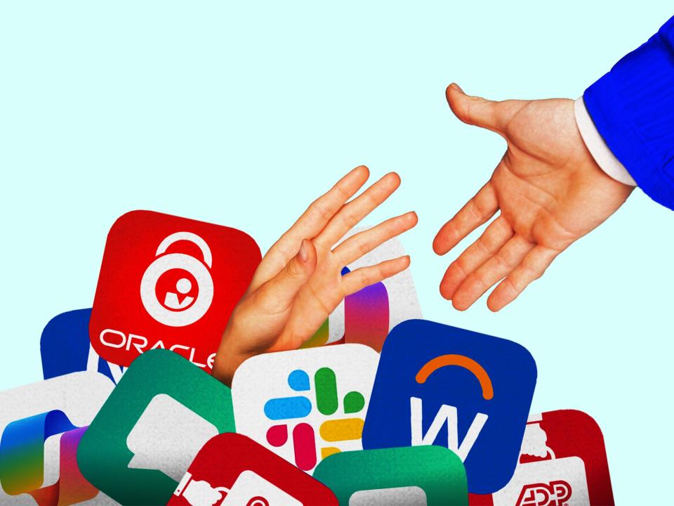 Hand drowning in a pile of HR apps like Workday, Oracle, ADP and Slack, with another hand in a suit offering help