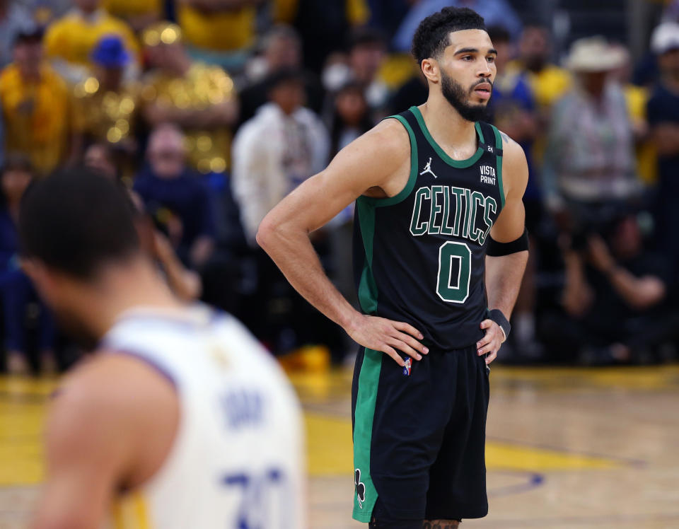 Boston Celtics star Jayson Tatum looks on during Game 5 of the NBA Finals against the Golden State Warriors at Chase Center in San Francisco on June 13, 2022. (Jim Davis/The Boston Globe via Getty Images)