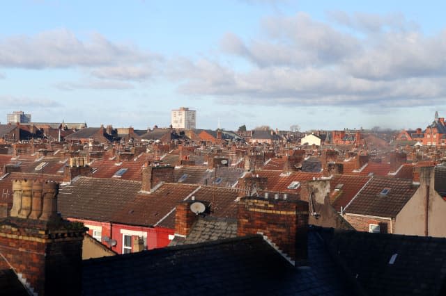 Terraced houses and rooftops in Everton, Liverpool, Merseyside.