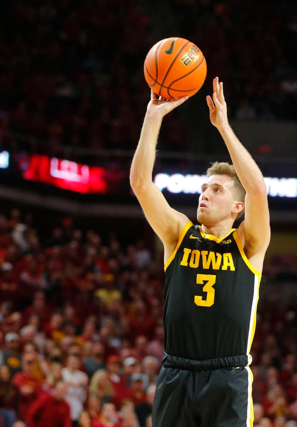 Iowa's Jordan Bohannon puts up a shot against Iowa State during a Dec. 9, 2021 game at Hilton Coliseum in Ames.