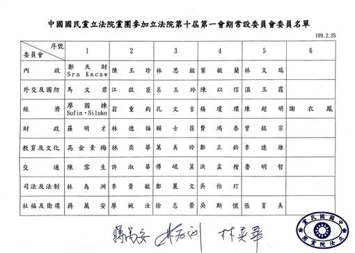 國民黨第10屆第1會期常設委員會委員名單出爐。