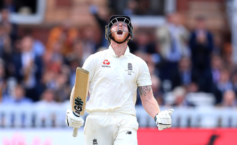 England's Ben Stokes celebrates reaching his century. (Photo by Mike Egerton/PA Images via Getty Images)