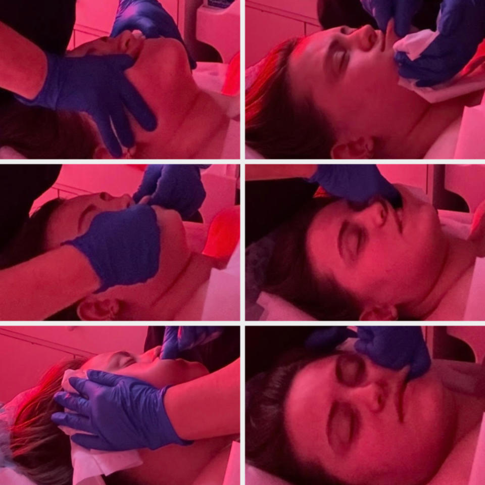 Compilation image of a beauty facial treatment in progress, showing a person's face being cleansed and massaged by a beautician with gloves