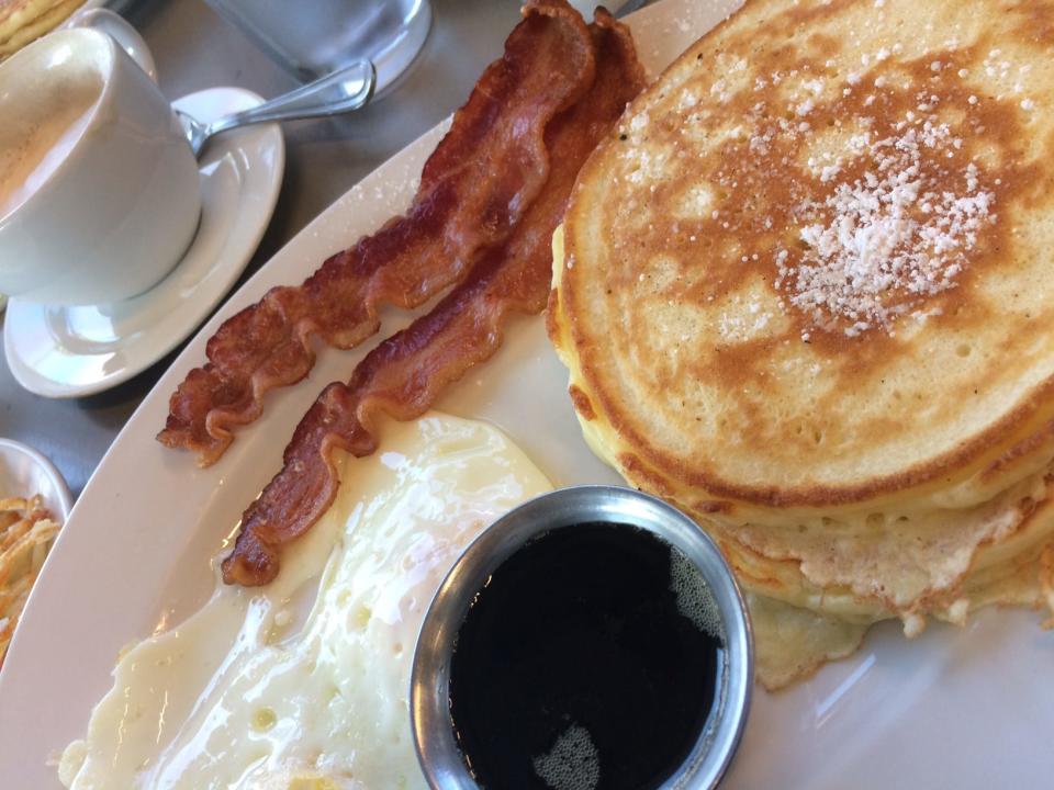 Pancakes, eggs and bacon.