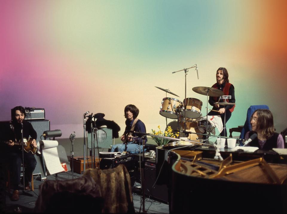 The Beatles in the studio in Get Back.