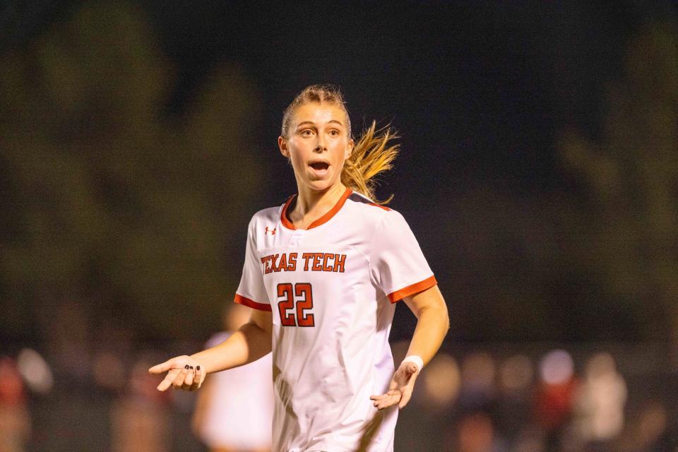 Texas Tech midfielder Sam Courtwright (22) talks with the referee against Princeton in the second round of the NCAA soccer tournament on Friday, Nov. 17, 2023, at the John Walker Soccer Complex.