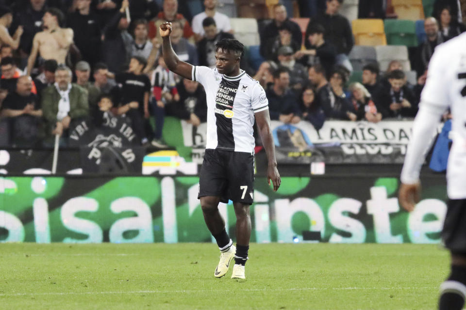 Udinese's Isaac Success celebrates after scoring his side's first goal during the Italy Serie A soccer match between Udinese and Napoli at the Bluenergy Stadium in Udine, Italy, Monday, May 6, 2024. (Andrea Bressanutti/LaPresse via AP)
