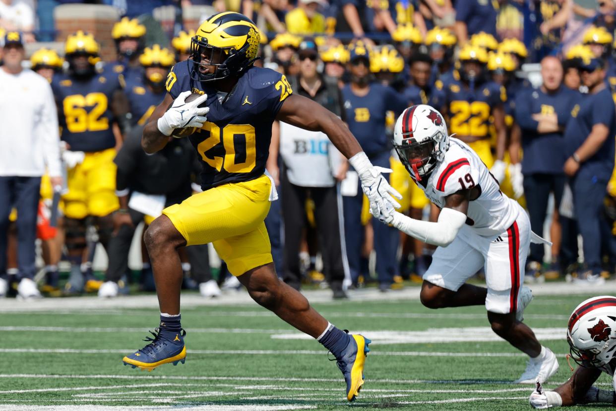 Michigan Wolverines running back Kalel Mullings runs the ball against the Arkansas State Red Wolves during the first half at Michigan Stadium in Ann Arbor on Saturday, Sept. 14, 2024.