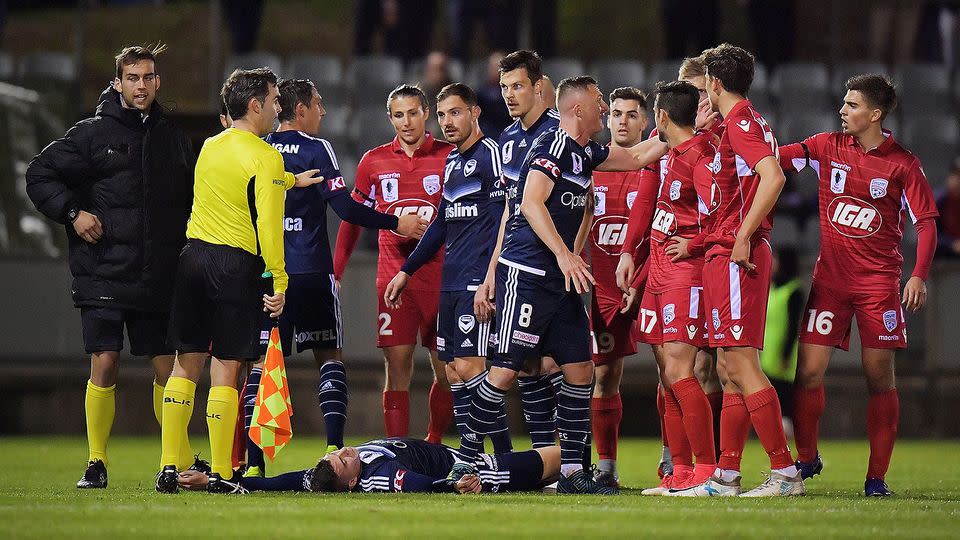 Players remonstrate after the clash. Pic: Getty