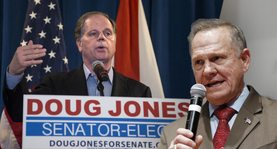 Doug Jones, Roy Moore (Photos: Mark Wallheiser/Getty Images, Luke Sharrett/Bloomberg via Getty Image)