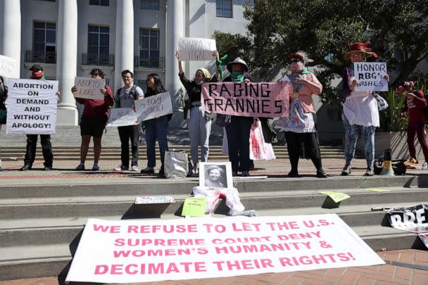 PHOTO: Demonstrators hold signs as they stage a protest in favor of abortion rights on the steps of Sproul Hall on the U.C. Berkeley campus on March 08, 2022 in Berkeley, Calif.  (Justin Sullivan/Getty Images, FILE)