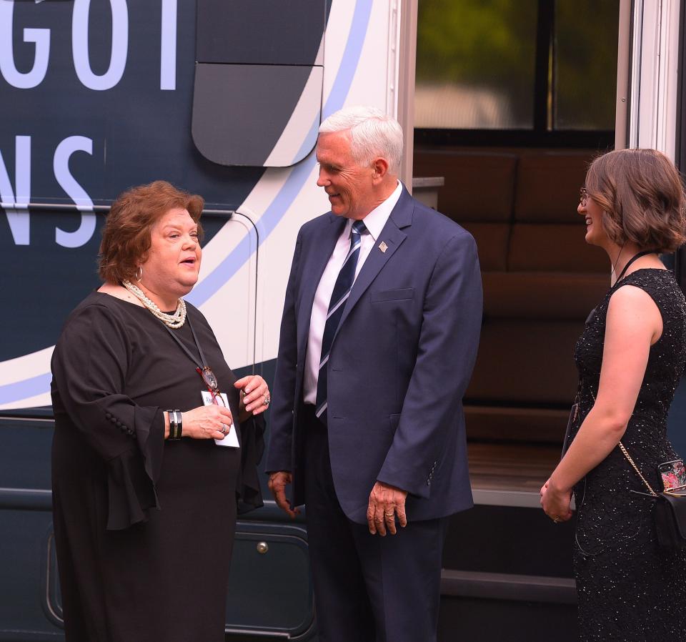 Alexia Newman, executive director of the Carolina Pregnancy Center, speaks to former Vice President Mike Pence, as he tours the mobile unit, during the CPC's annual fundraising Spring Gala, at the Spartanburg Memorial Auditorium in Spartanburg, SC, Thursday, May 5, 2022.