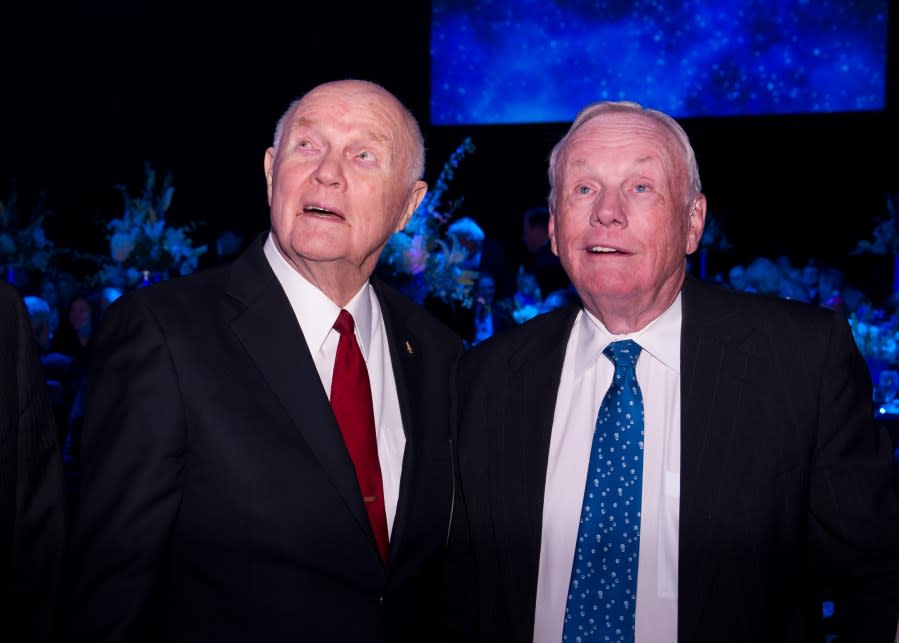 Sen. John Glenn, left, and Apollo 11 Astronaut Neil Armstrong are seen prior to the start of a dinner at Ohio State University that honored the 50th anniversary of John Glenn’s historic flight aboard Friendship 7 Monday, Feb. 20, 2012, in Columbus, Ohio. Glenn was the first American to orbit Earth. Photo Credit: (NASA/Bill Ingalls)