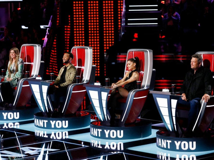 THE VOICE -- "Blind Auditions" -- Pictured: (l-r) Kelly Clarkson, John Legend, Ariana Grande, Blake Shelton