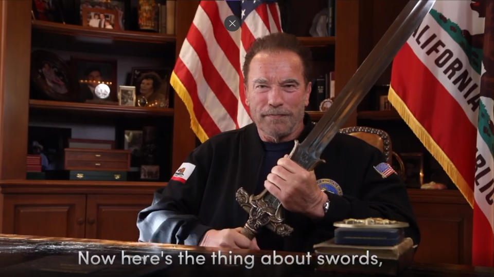 This Sunday, Jan. 10, 2021, image from a video released by Schwarzenegger shows former Republican California Gov. Arnold Schwarzenegger delivering a public message. Schwarzenegger compared the mob that stormed the U.S. Capitol to the Nazis and called President Donald Trump a failed leader who “will go down in history as the worst president ever.” (Frank Fastner/Arnold Schwarzenegger via AP)