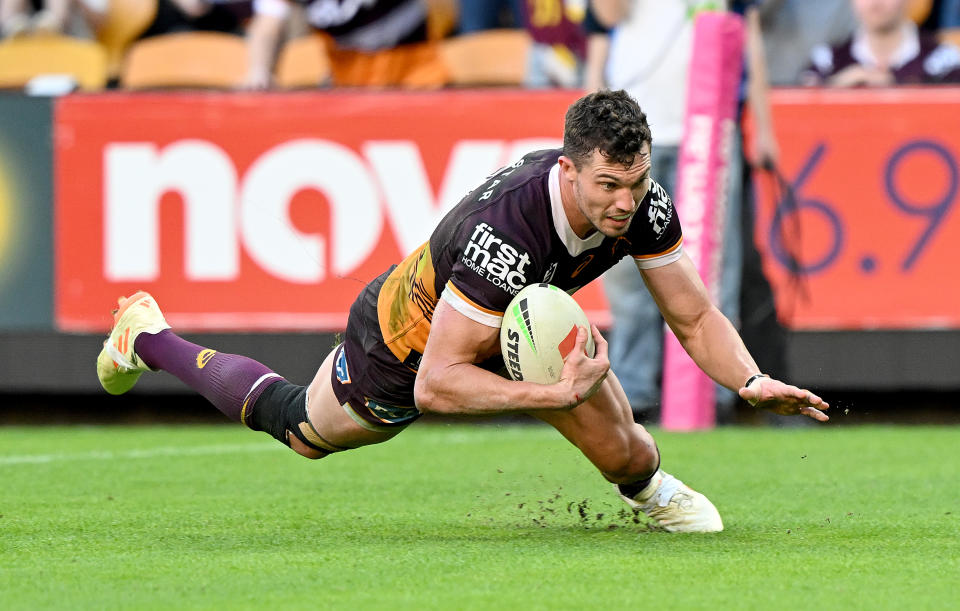 BRISBANE, AUSTRALIA - JUNE 25: Corey Oates of the Broncos has this try disallowed due to a forward pass during the round 17 NRL match between Brisbane Broncos and Gold Coast Titans at Suncorp Stadium on June 25, 2023 in Brisbane, Australia. (Photo by Bradley Kanaris/Getty Images)