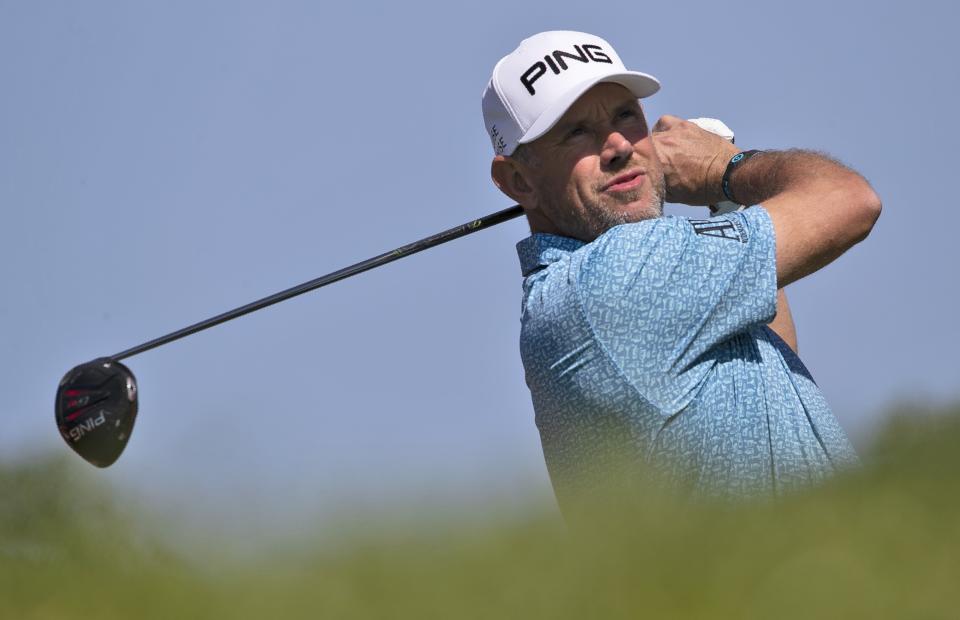 England's Lee Westwood tees off on the 3rd hole during the third round of the Abu Dhabi Championship golf tournament in Abu Dhabi, United Arab Emirates, Saturday, Jan. 18, 2020. (AP Photo/Kamran Jebreili)