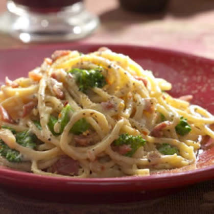 Slurpy, creamy pasta carbonara with whole wheat spaghetti will fill your family up. Sub in frozen peas and you probably have all the ingredients to make this for supper tonight.