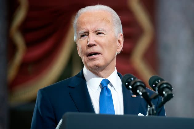 President Joe Biden speaks from Statuary Hall at the U.S. Capitol to mark the one year anniversary of the Jan. 6 riot at the Capitol. (Photo: via Associated Press)