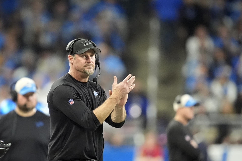 Detroit Lions head coach Dan Campbell watches from the sideline during the second half of an NFL football game against the Minnesota Vikings, Sunday, Jan. 7, 2024, in Detroit. (AP Photo/Paul Sancya)